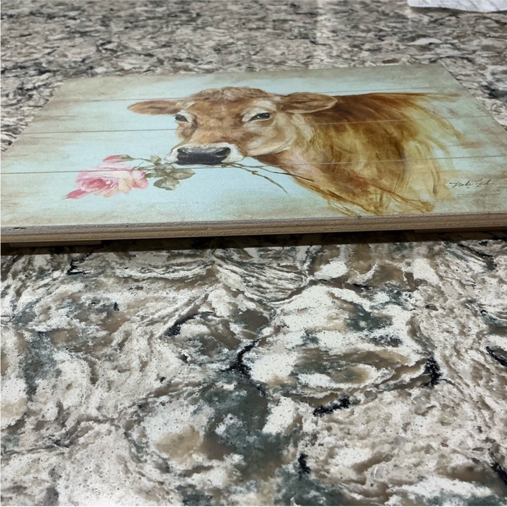 Rustic Cow Art with Pink Rose - Picture 3 of 3